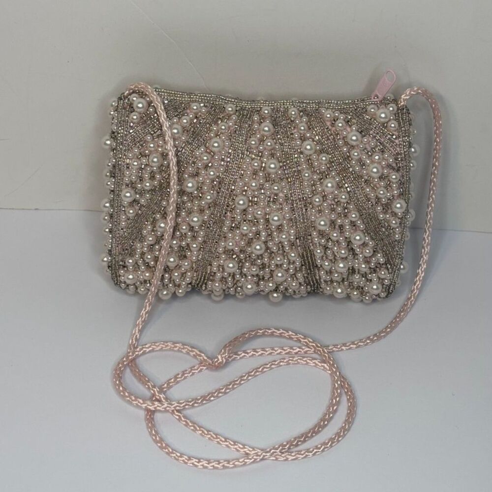 Carla Marchi Vintage Light Pink Pearl Beaded Sequin Evening Bag Purse Strap - Picture 2 of 7
